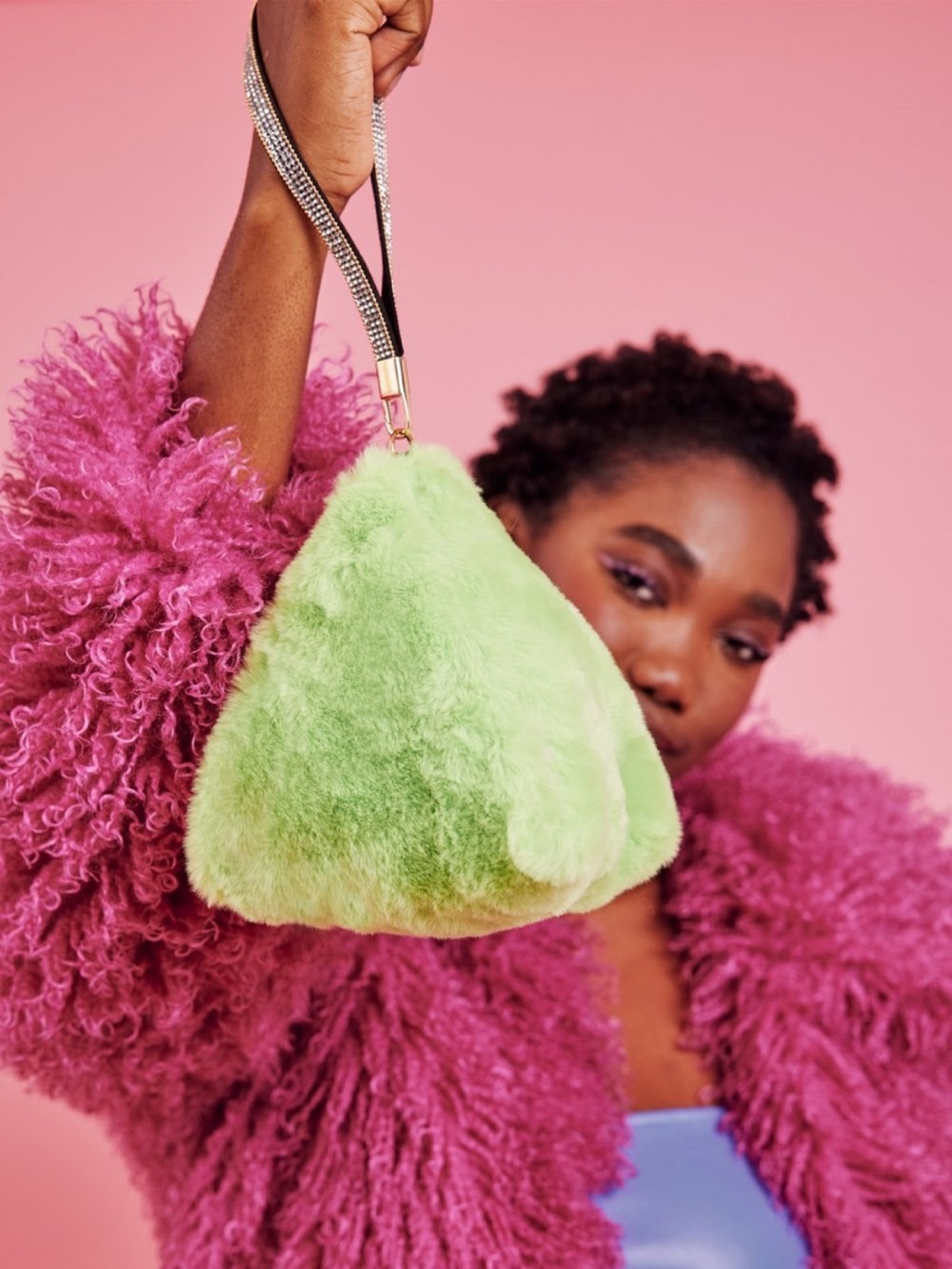 Pyramid Faux Fur Wristlet Bag in Light Green